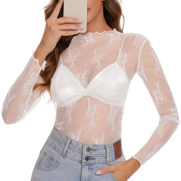 Macy’s | Cream Lace Long Sleeve Embroidered Top Size M - Picture 1 of 7